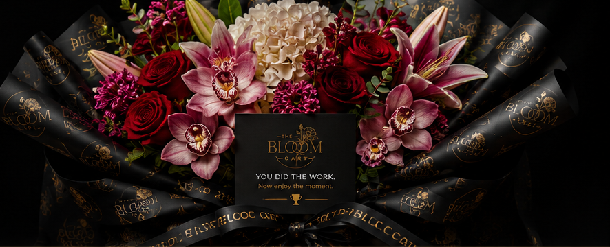 Competition bouquet in black and gold BLOOOM Cart wrap